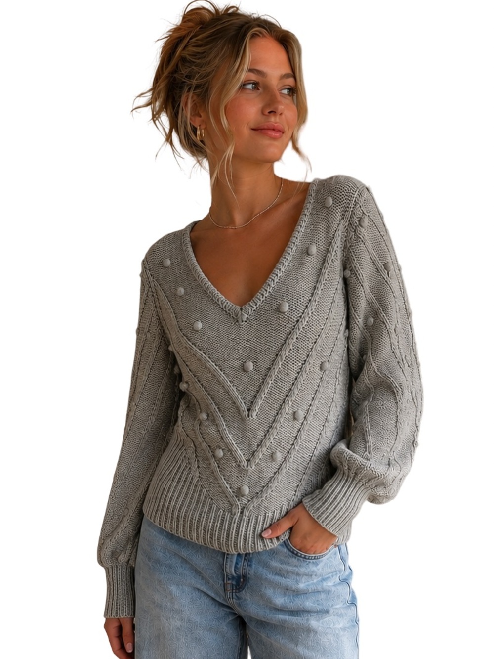 Black House White Market Gray Bobble Knit Sweater V-Neck Balloon Sleeve chic S